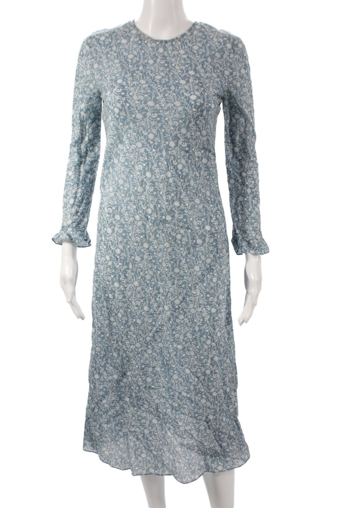 Doen Women Blue Floral Shift Dress Midi Long Sleeve Round Neck Size XSFree Shipping in US $100+ Orders | $6.95 Orders Below