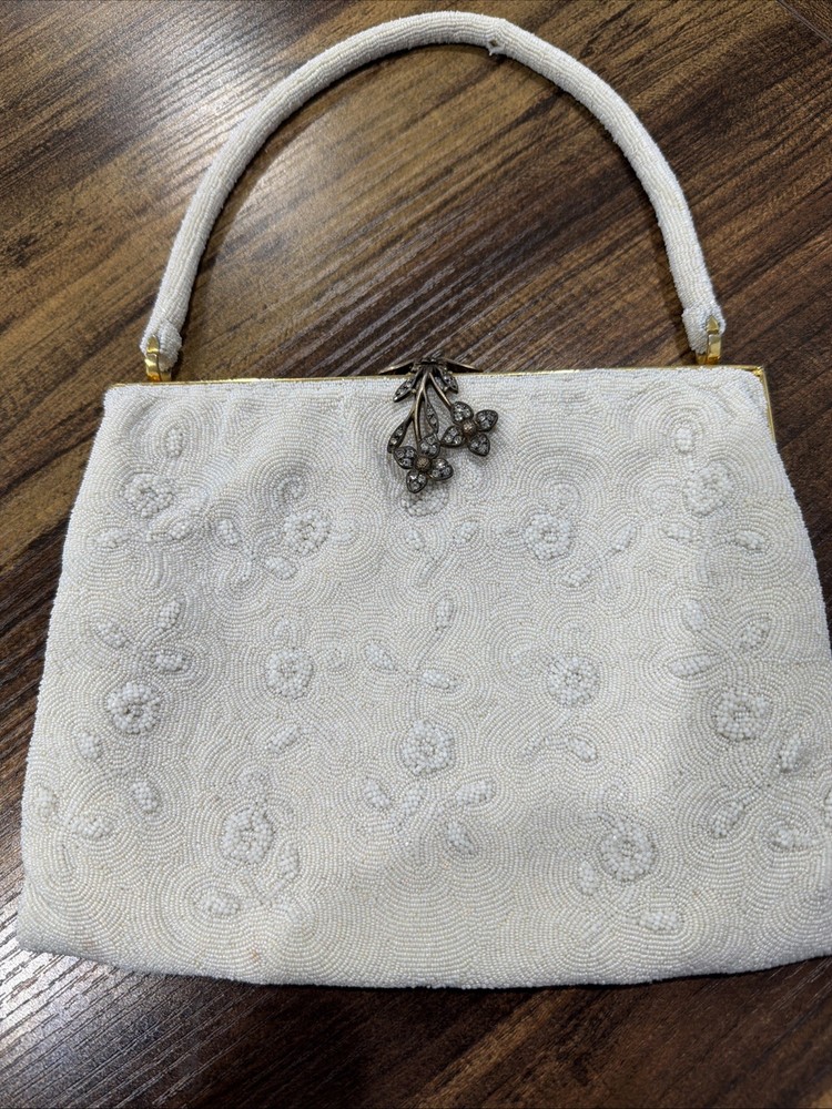 Vintage 1950’s Handmade In France Beaded Purse Rhinestone Clasp Floral
