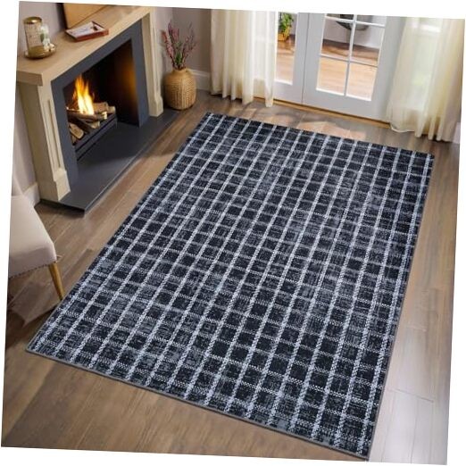 3x5 Area Rug Washable Non-Slip Low-Pile - Checkered Braided Geometric Print