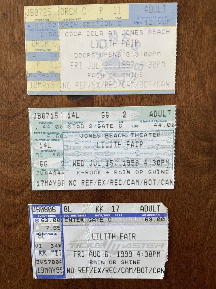 Three Lilith Fair Ticket Stubs (all Vintage) - 1997, 1998, 1999 Sarah McLachlan