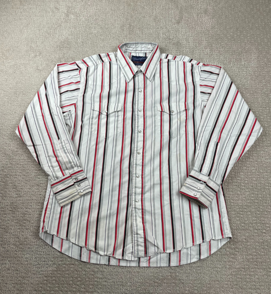 Vintage 90s Wrangler Shirt Men 17x35 Westernwear Pearl Snap Striped Rodeo Cowboy