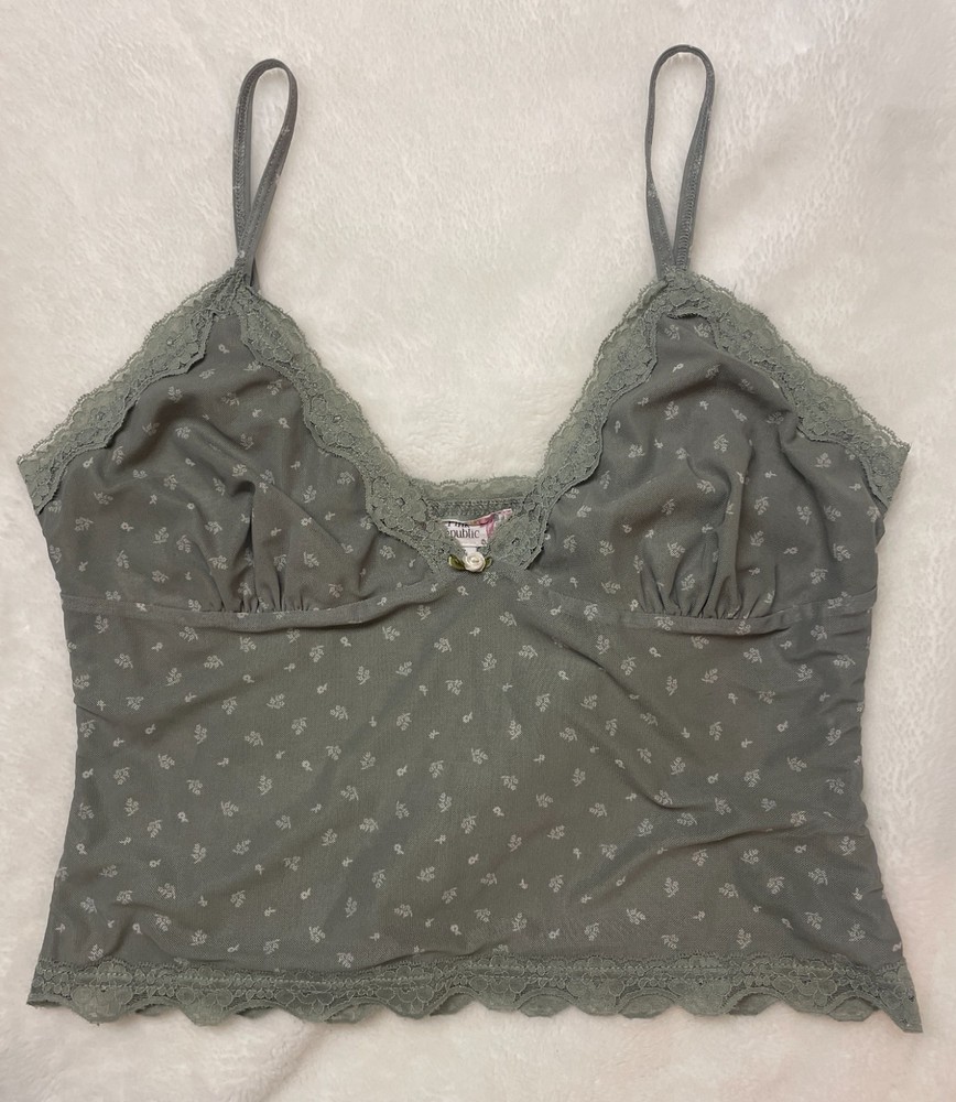 Pink Republic Lace Trim Floral Cami Tank Top XL Sage Green Cottagecore Y2K
