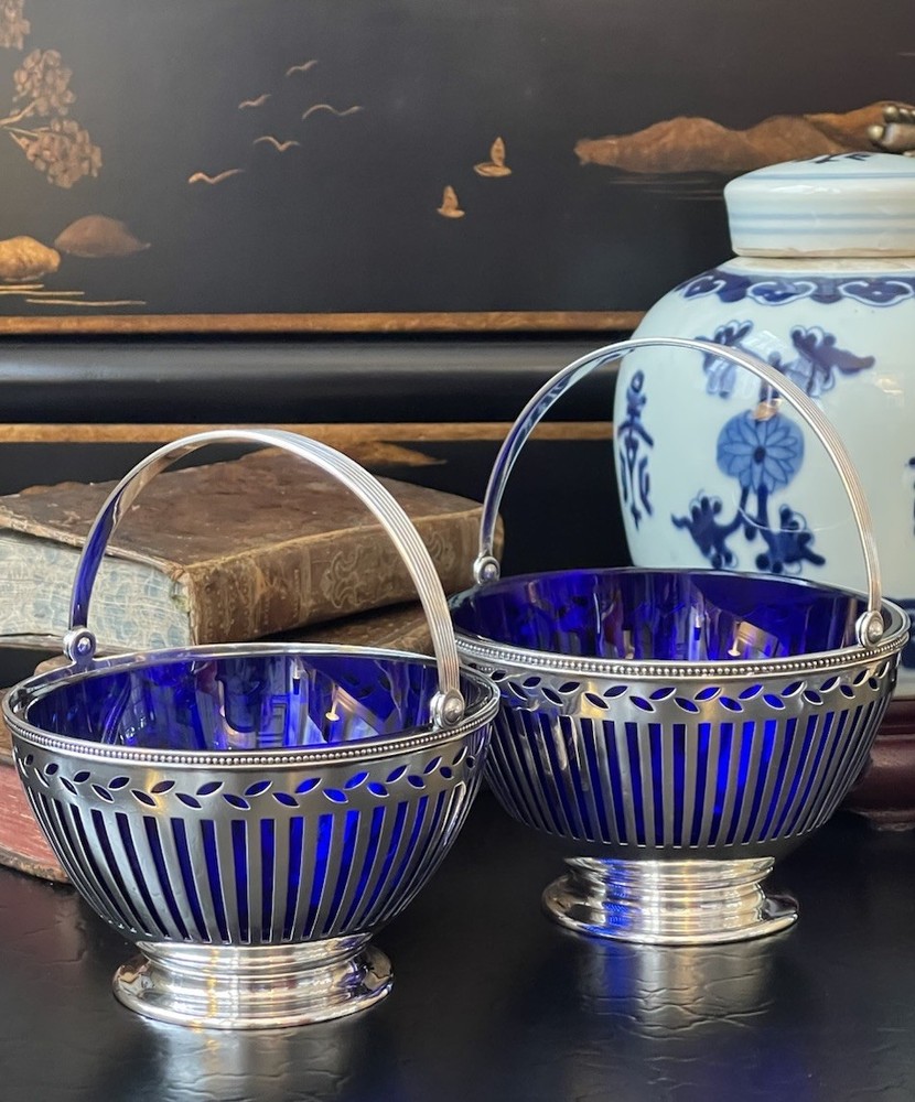 Tiffany & Co Sterling Silver Cobalt Sugar Basket Bowl 4.75 Large Pair