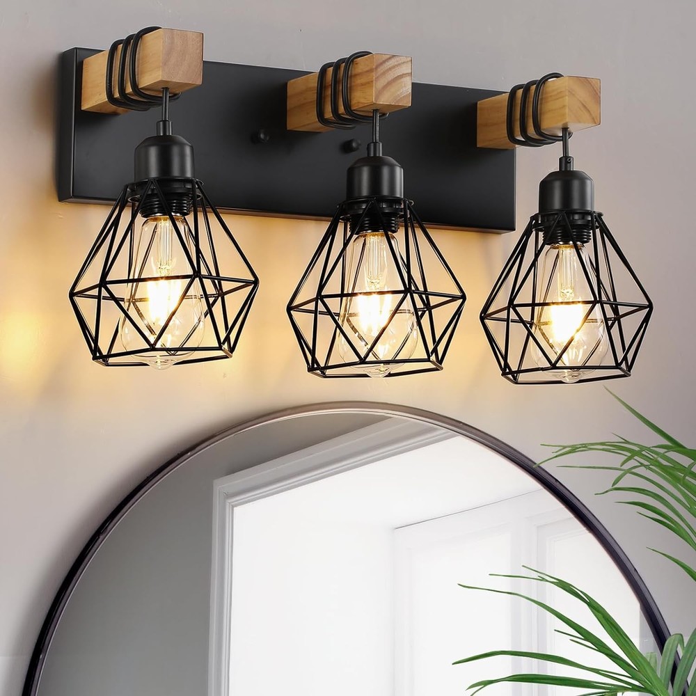 Farmhouse 3-Light Bathroom Vanity Light Rustic Wood Metal Wall Sconce Fixture