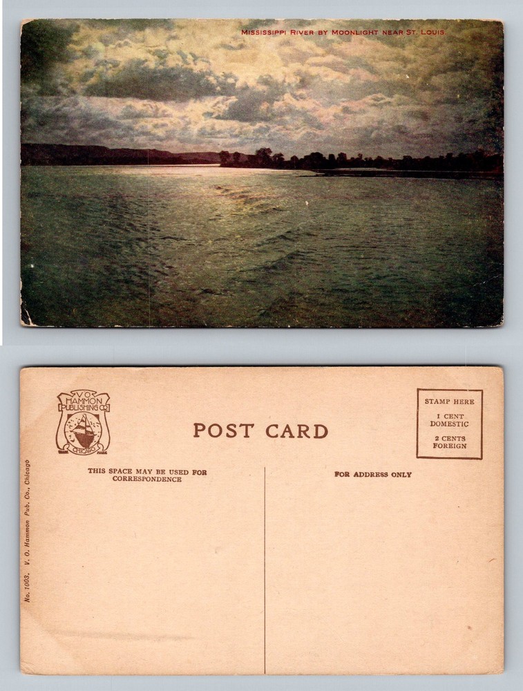 St Louis, MO-Missouri, Mississippi River Moonlight Night View Vintage Postcard