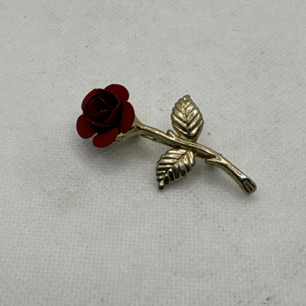 Vintage Red Rose Brooch Gold Tone Stem Flower Pin Romantic Floral 1.75