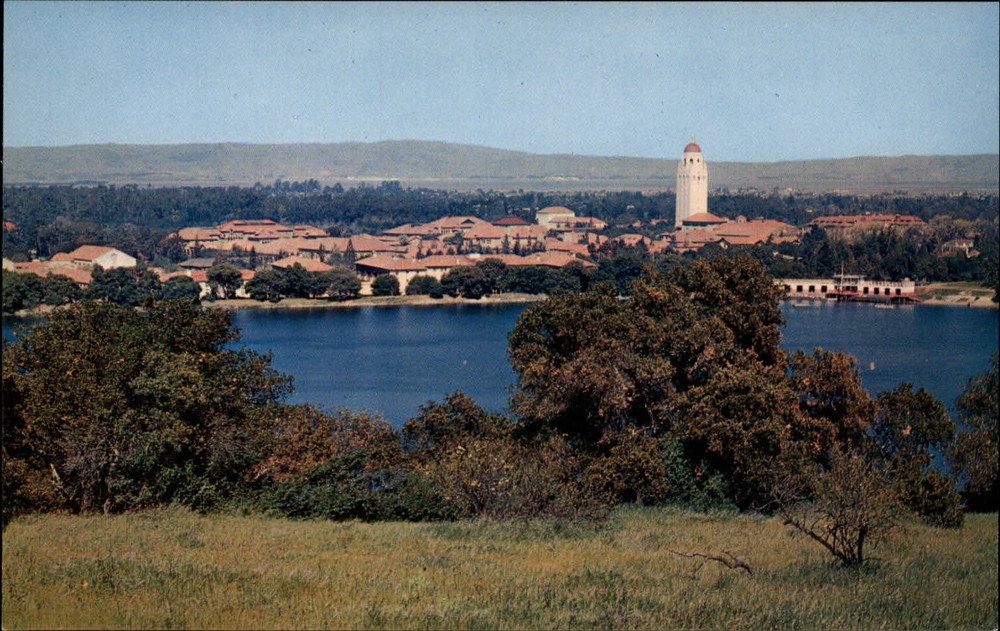Palo Alto California Stanford University across Lake Lagunita 1950s postcard
