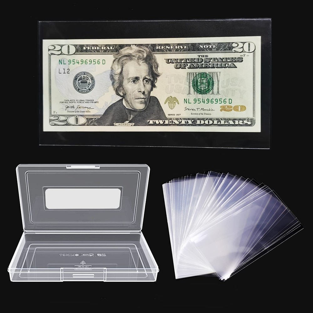 MUDOR 200 Pieces Dollar Bill Holder with Storage Case, PP Material Clear Pape...