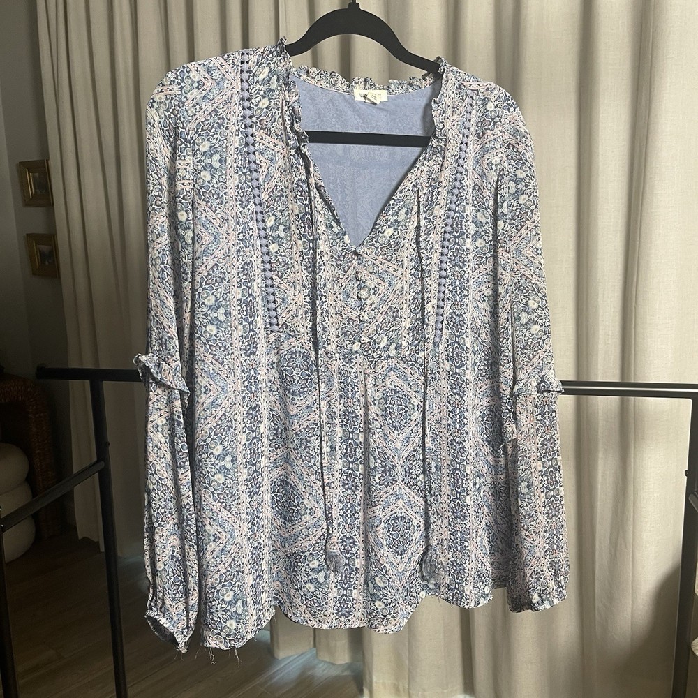 Westport Women's Blue Pink White Paisley V-Neck 3/4 Sleeve Button Blouse L