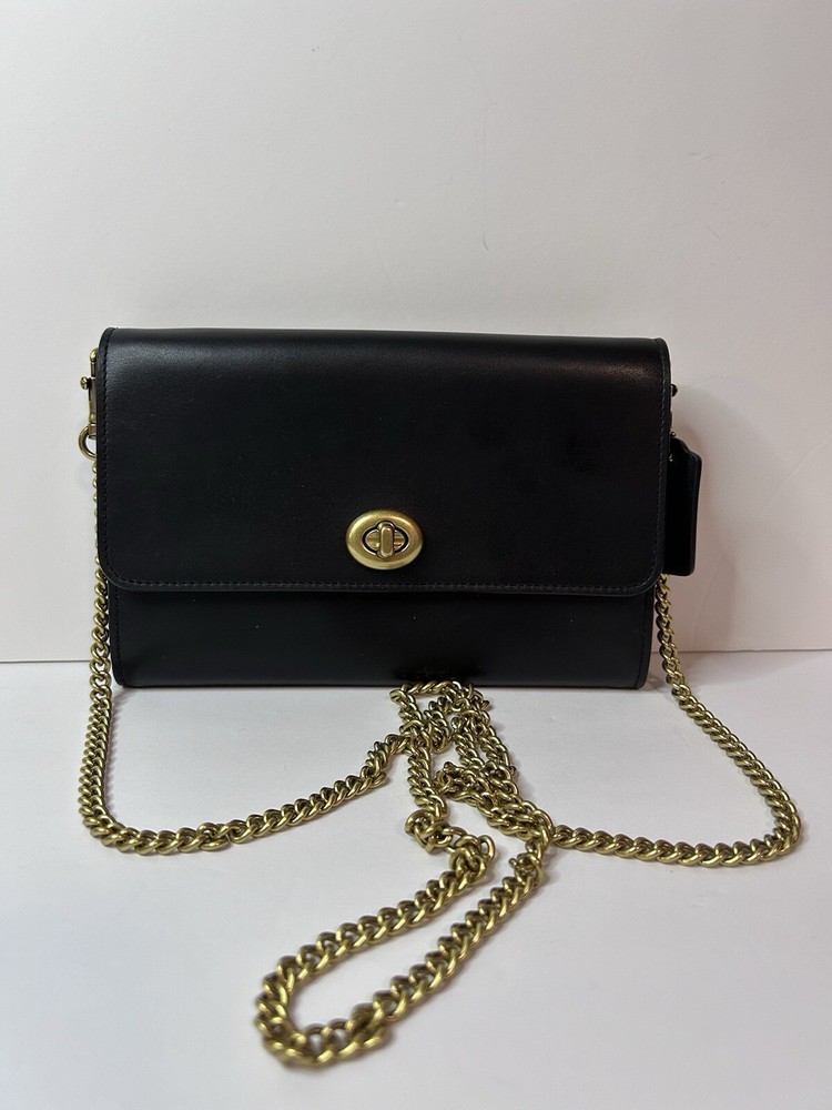 Coach Marlow Crossbody Bag with Turn Lock and Chain Strap in Black Calf Leather EUC