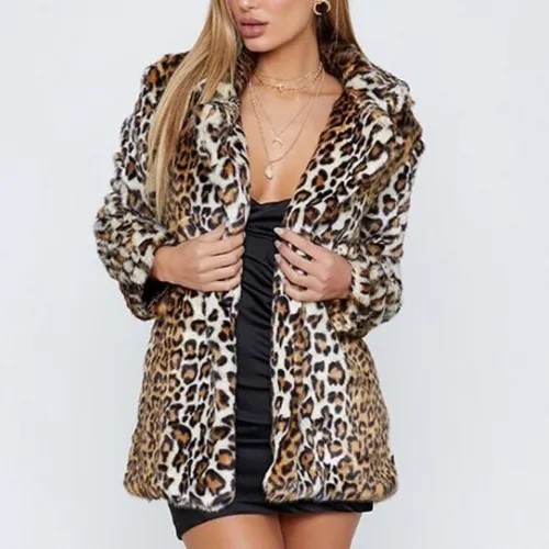 Women's Faux Fur Leopard Print Coat Winter Warm Long Sleeve Outerwear Jacket