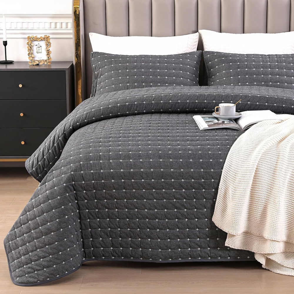 100% Cotton Quilt Queen, Cotton Bedspreads Queen Size, Dark Grey Cotton Quilt Se