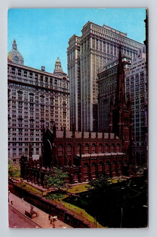 New York City NY, Trinity Church, Broadway and Wall Street, Vintage Postcard