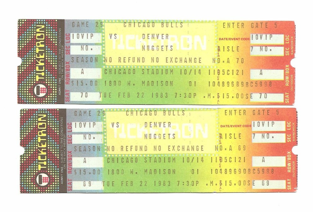 Chicago Bulls vs Denver Nuggets Unused Basketball Tickets February 22, 1983