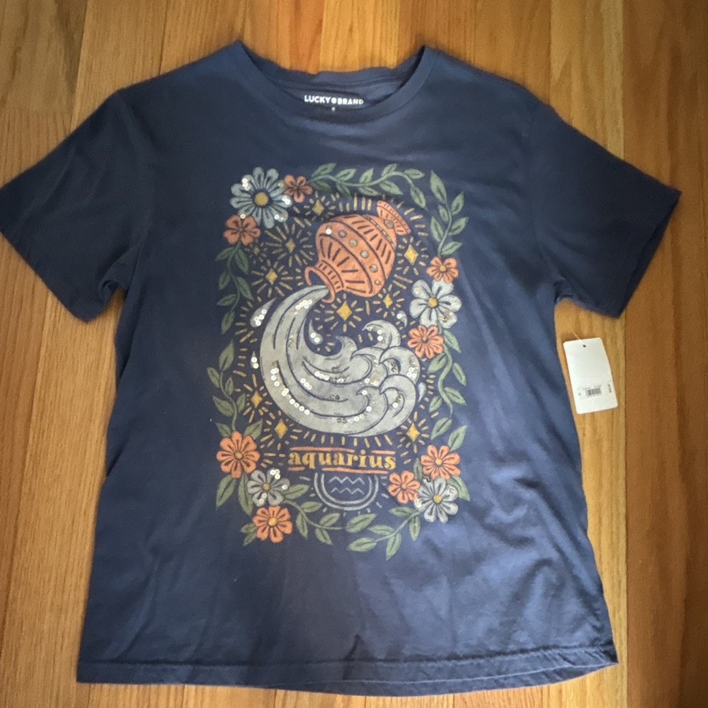 Lucky Brand Aquarius Zodiac Graphic Crew Neck Short Sleeve Cotton Tee Blue S