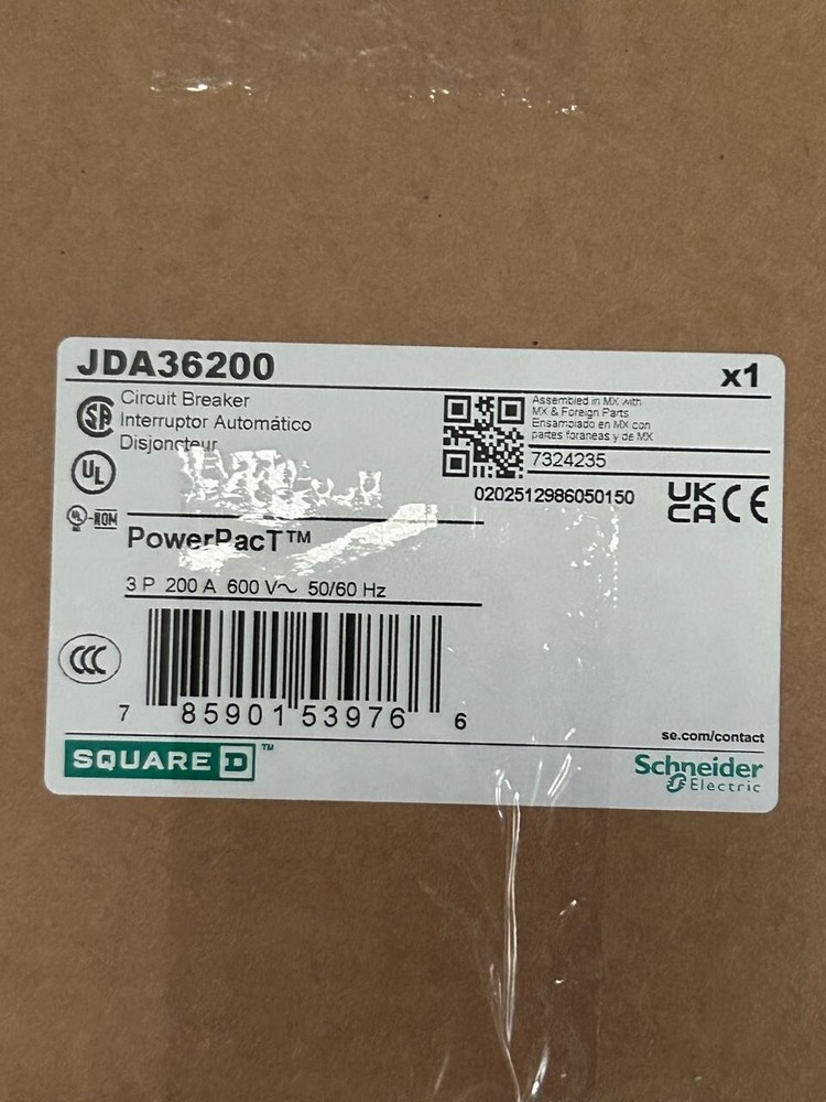 Square D JDA36250 Circuit Breaker - 250A, 3P, 600VAC, 14kA, Made in Mexico
