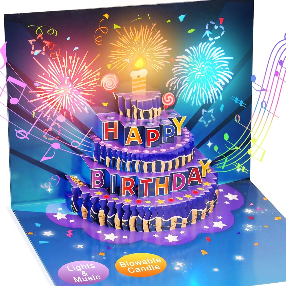 Fireworks Birthday Cards, 3D Pop Up Blowable Cake Greeting Cards BluePurple