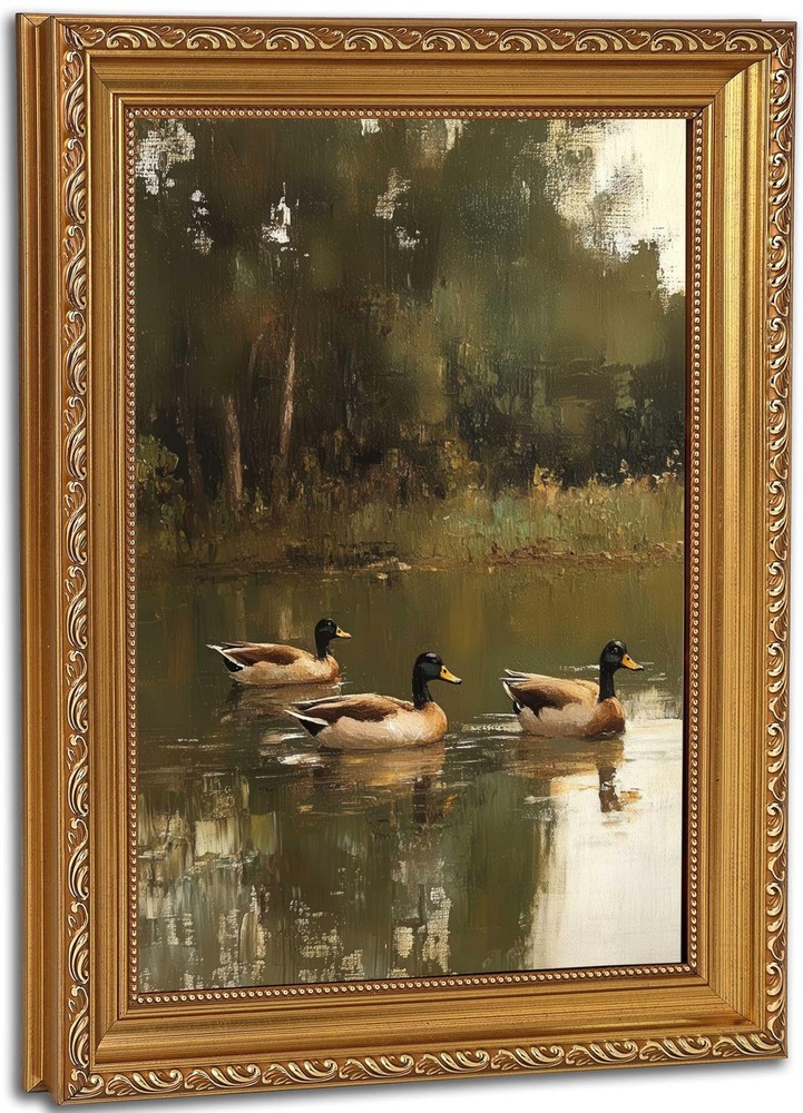Vintage Gold Framed Wall Art for Living Room Mallard Duck Pond Wall Decor Rus...