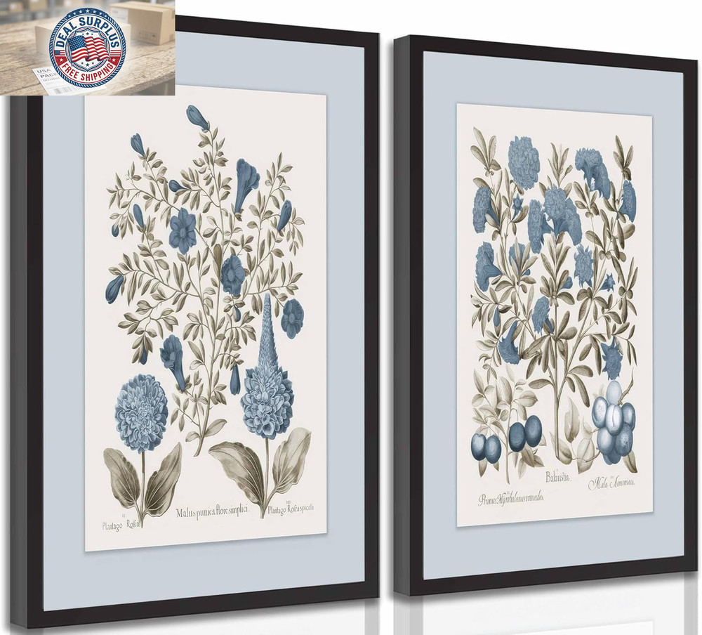 2 Pcs Hydrangea Floral Canvas Wall Art Vintage Rustic Farmhouse Sepia and Blue F