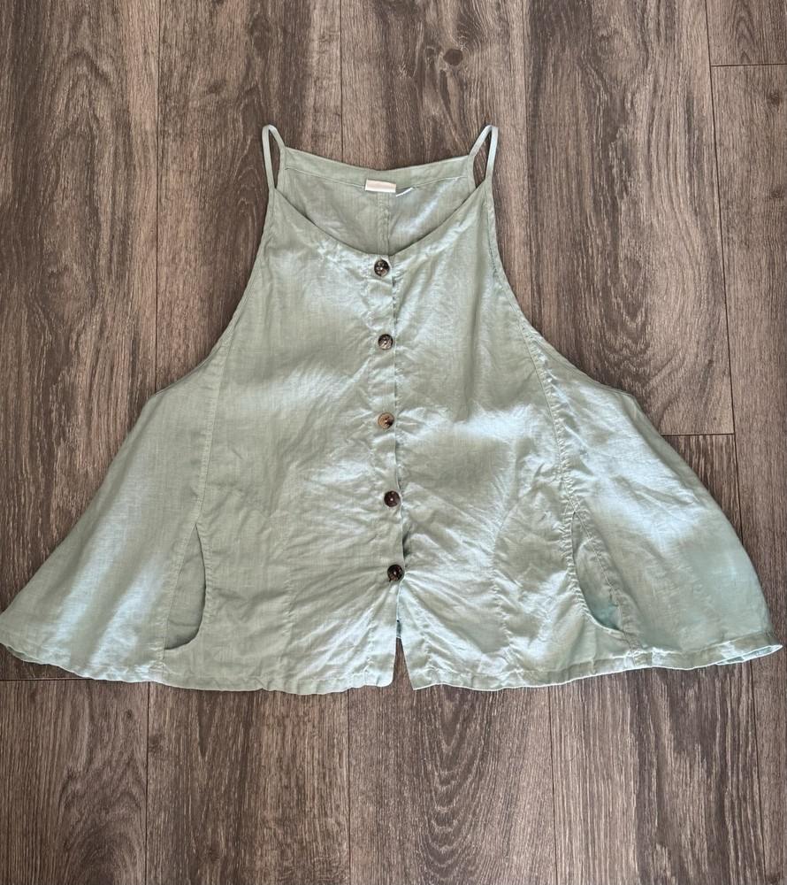 Kleen Light Mint 100% Linen Halter Button Down Tank  W Sz.M Flowy USA Boho Beach