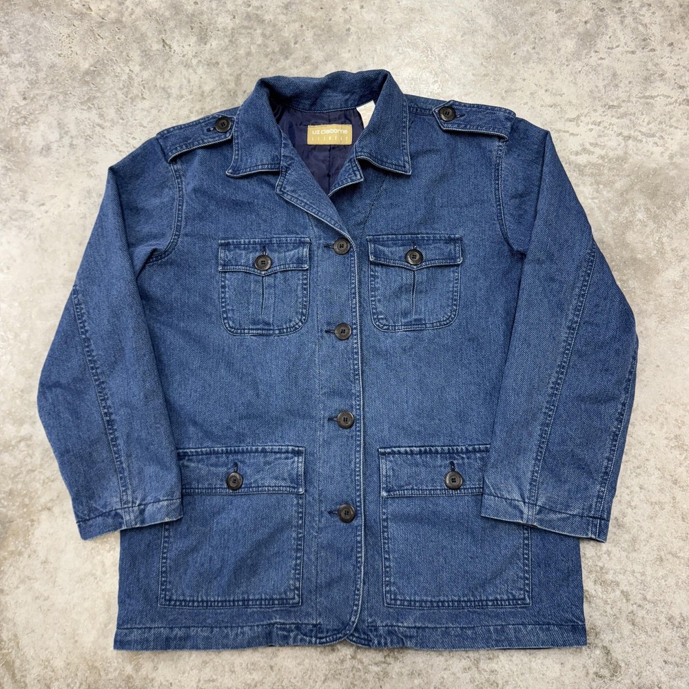 Liz Claiborne Jacket Womens Medium Blue Denim Vintage Military Utility Coat 90s