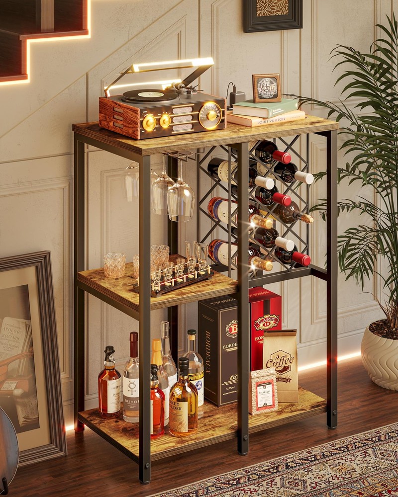 3-Tier Wine Rack Cabinet, Modern Liquor & Coffee Bar Cart with Shelves, Glass...