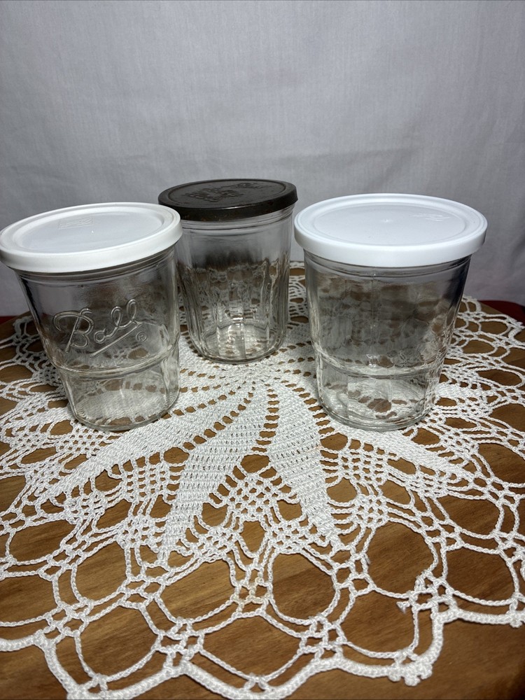 3 Vintage Ball Jam Jelly Jars 8 oz.  2 with White Plastic Lids 1 Metal Lid