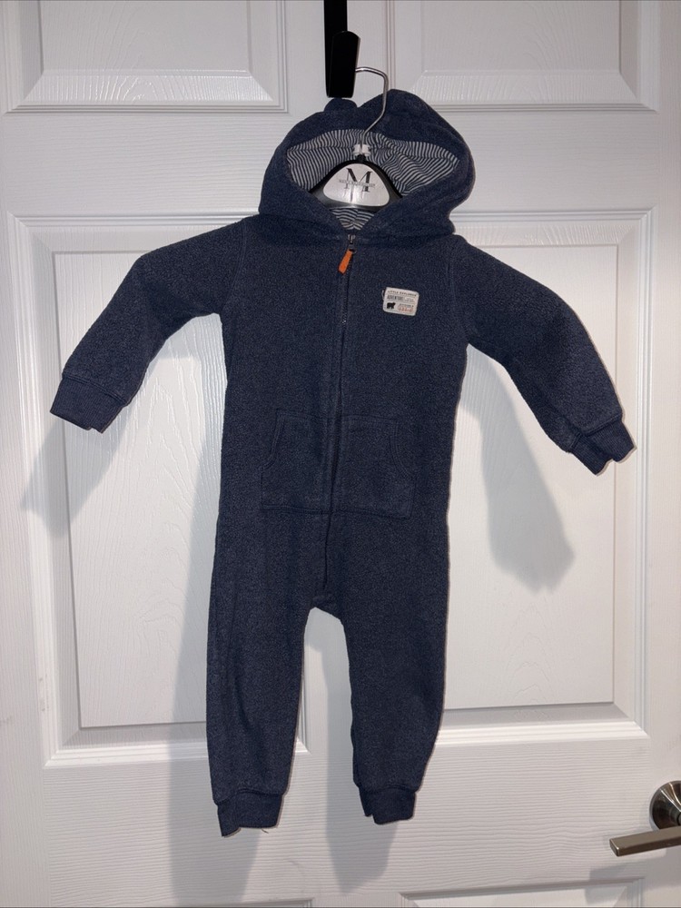 Carter's Baby Boy 18 Months Blue Bear Fleece Romper Full Zipper Hooded One Piece
