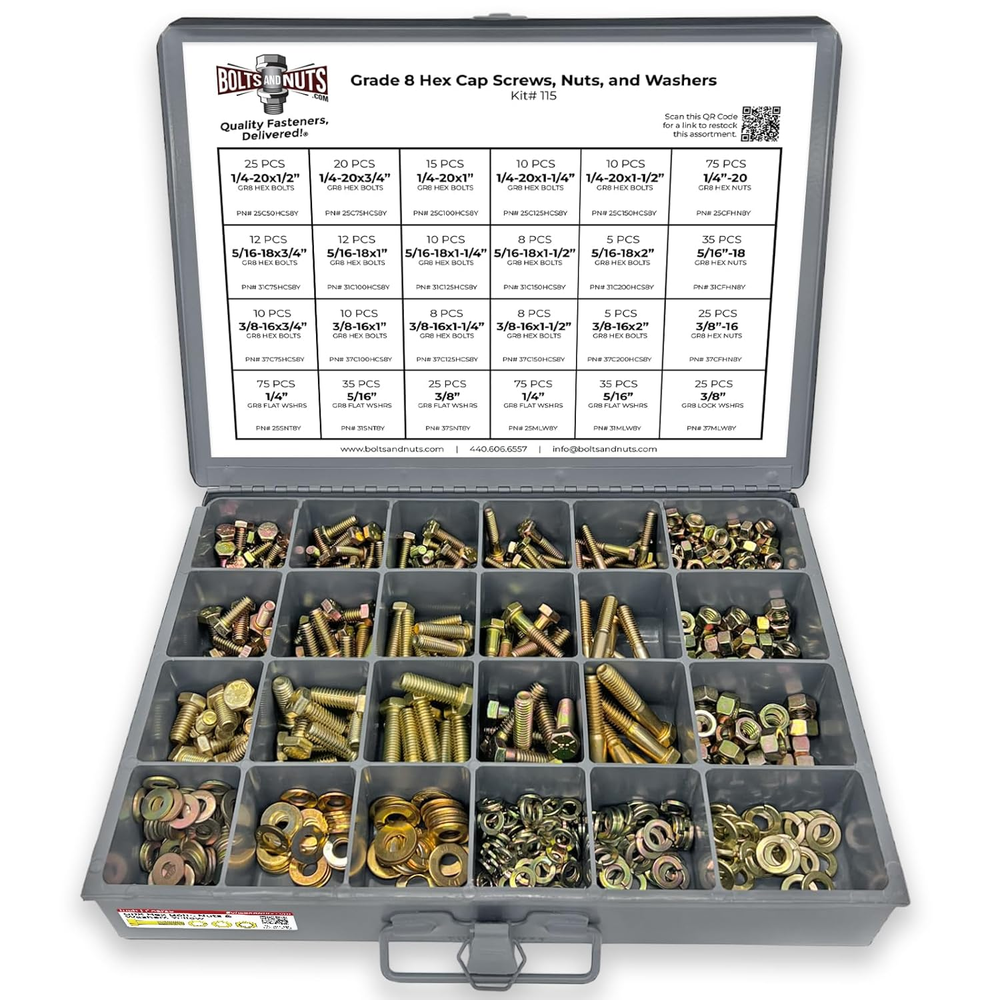 Grade 8 Hex Cap Bolts Screws, Nuts, Washers, Lock Washers Assortment Kit - 574 P