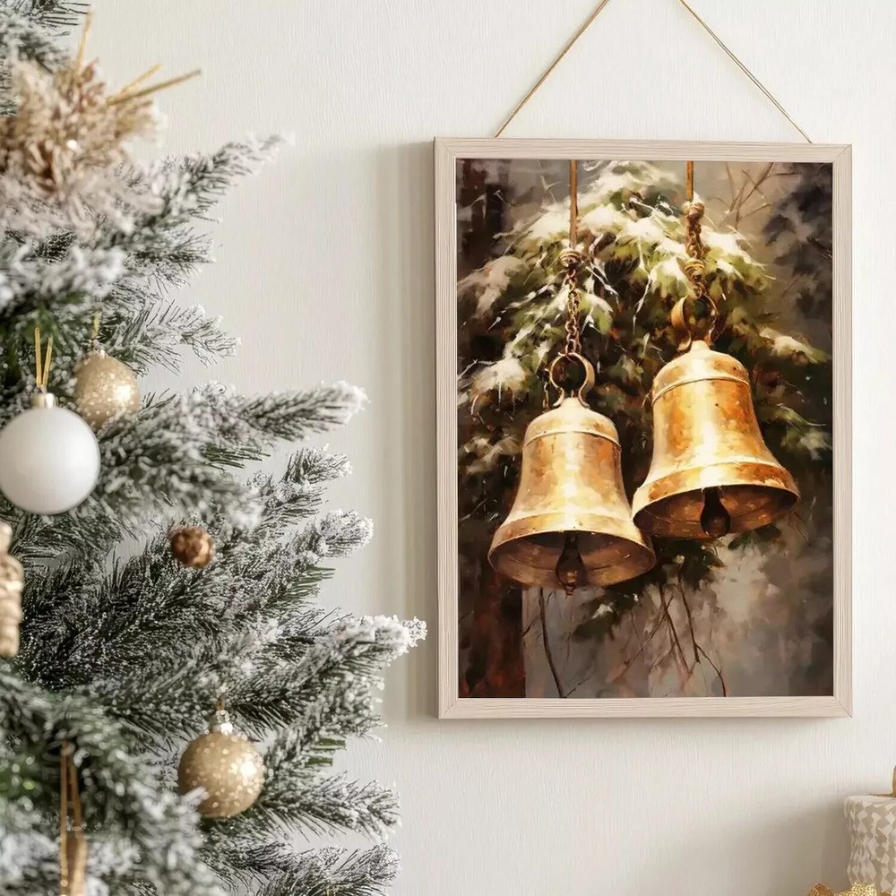 Vintage Christmas Bells Art Print Cottagecore Wall Decor Painting  