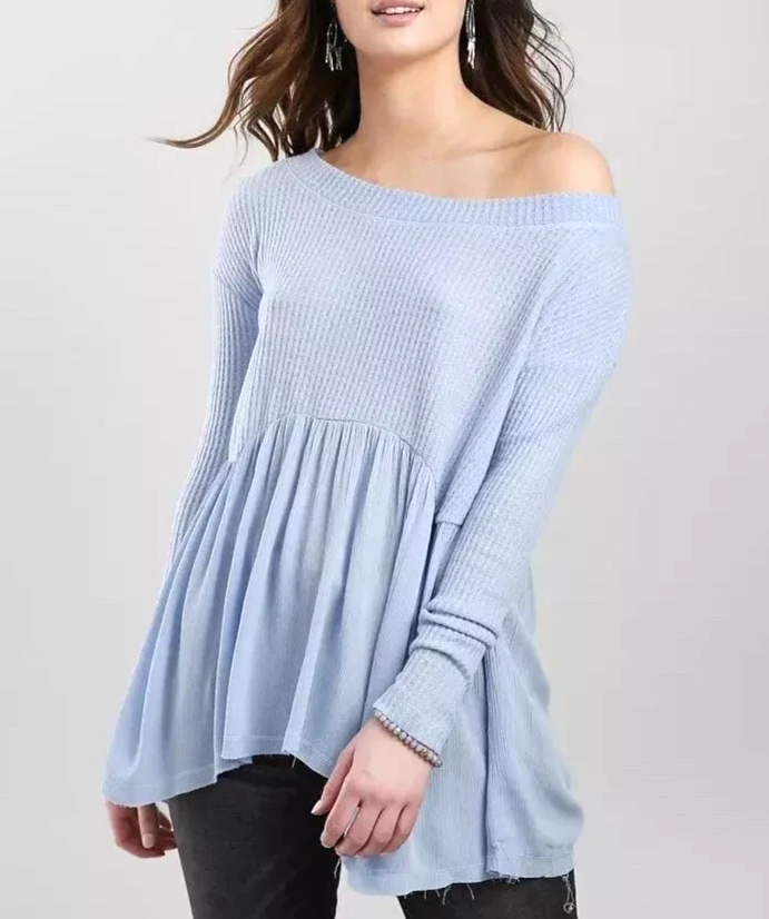 DAYTRIP BUCKLE Blue THERMAL KNIT Off-The-Shoulder RAW HEM Babydoll BLOUSE/TOP XL
