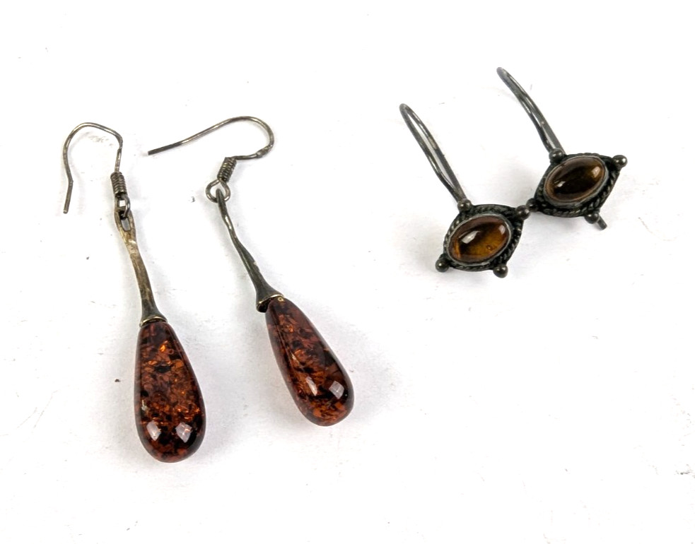 2 Pairs Sterling Silver Baltic Amber Dangle Drop Earrings Need Polishing