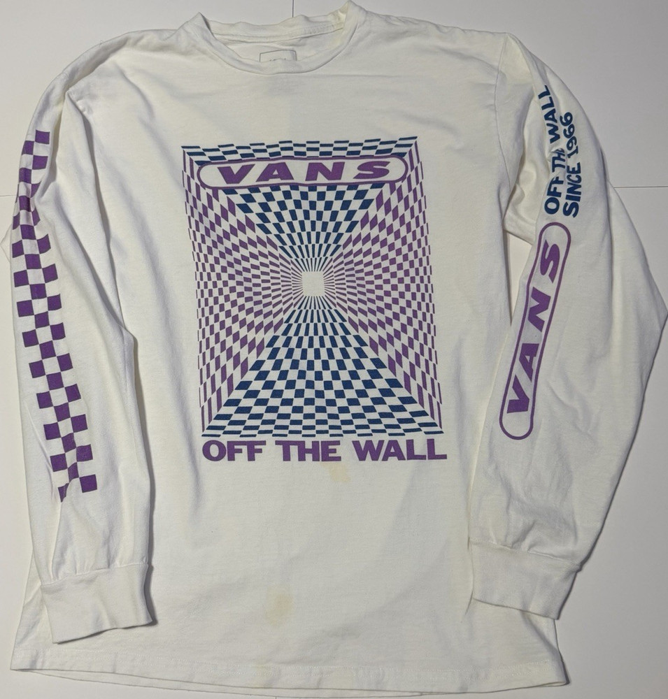 VANS Men's M White Long Sleeve Crew Neck Classic Fit Graphic Logo T-Shirt