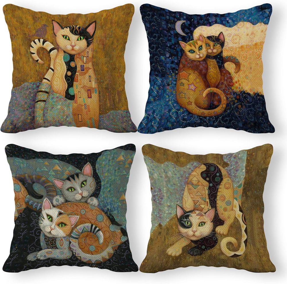 Abstract Cat Linen Pillow Cover Set - 18x18 Inches - 4-Piece Gift for Cat Lovers-image