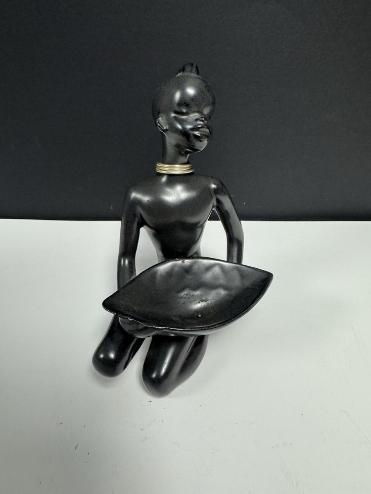 Vintage Black Pottery Lady Girl Holding Bowlstatue Figurine Mid Century