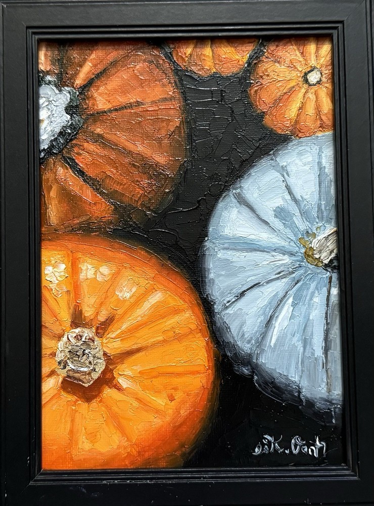 ORIGINAL OIL PAINTING STILL LIFE THANKSGIVING PUMPKINS SIGNED FRAMED 5x7