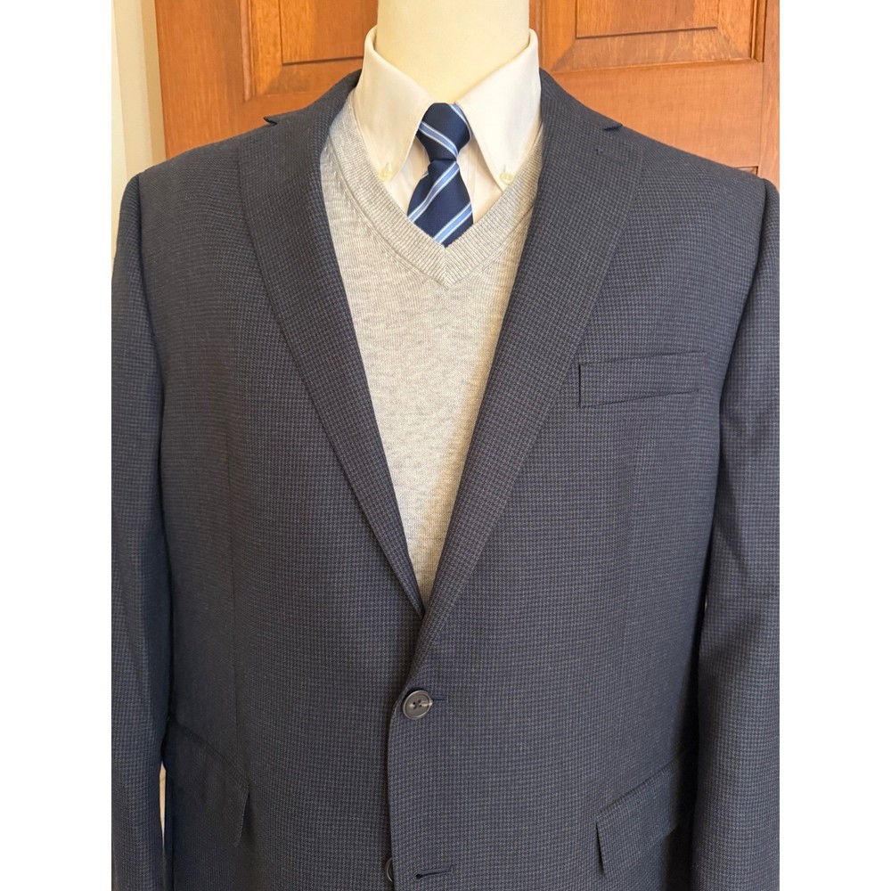 Chaps Houndstooth Sport Coat Mens 46L Blue Two-Button Blazer Jacket Preppy