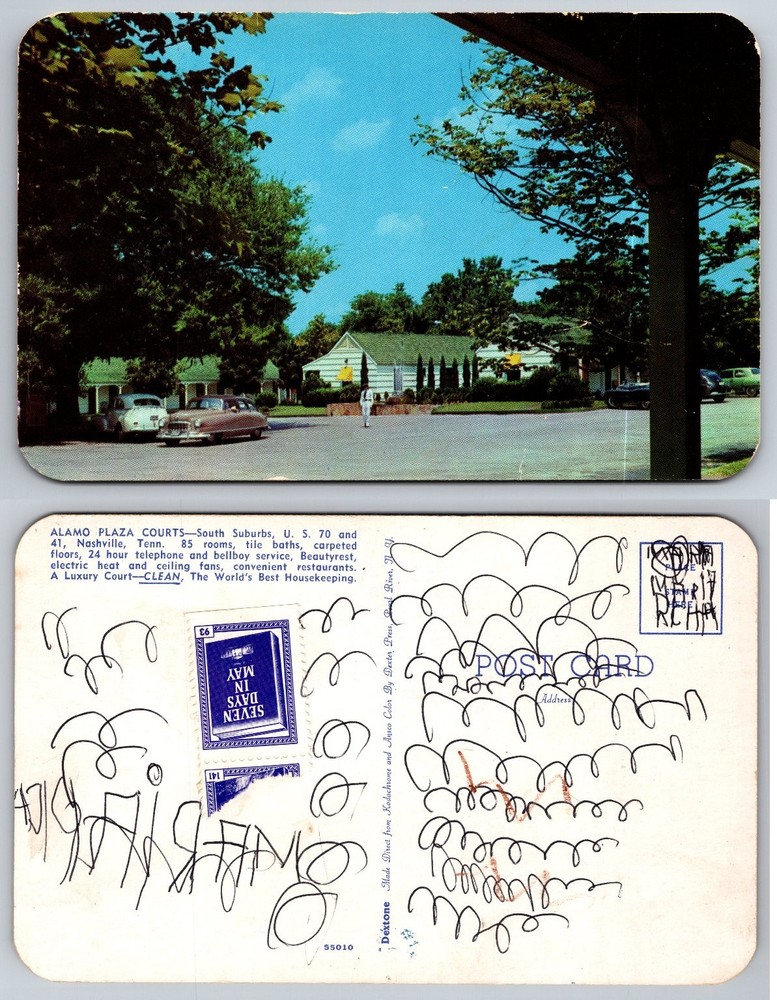 Vintage ALAMO PLAZA COURTS Nashville TN DEXTONE Postcard 1950s Motel Cars