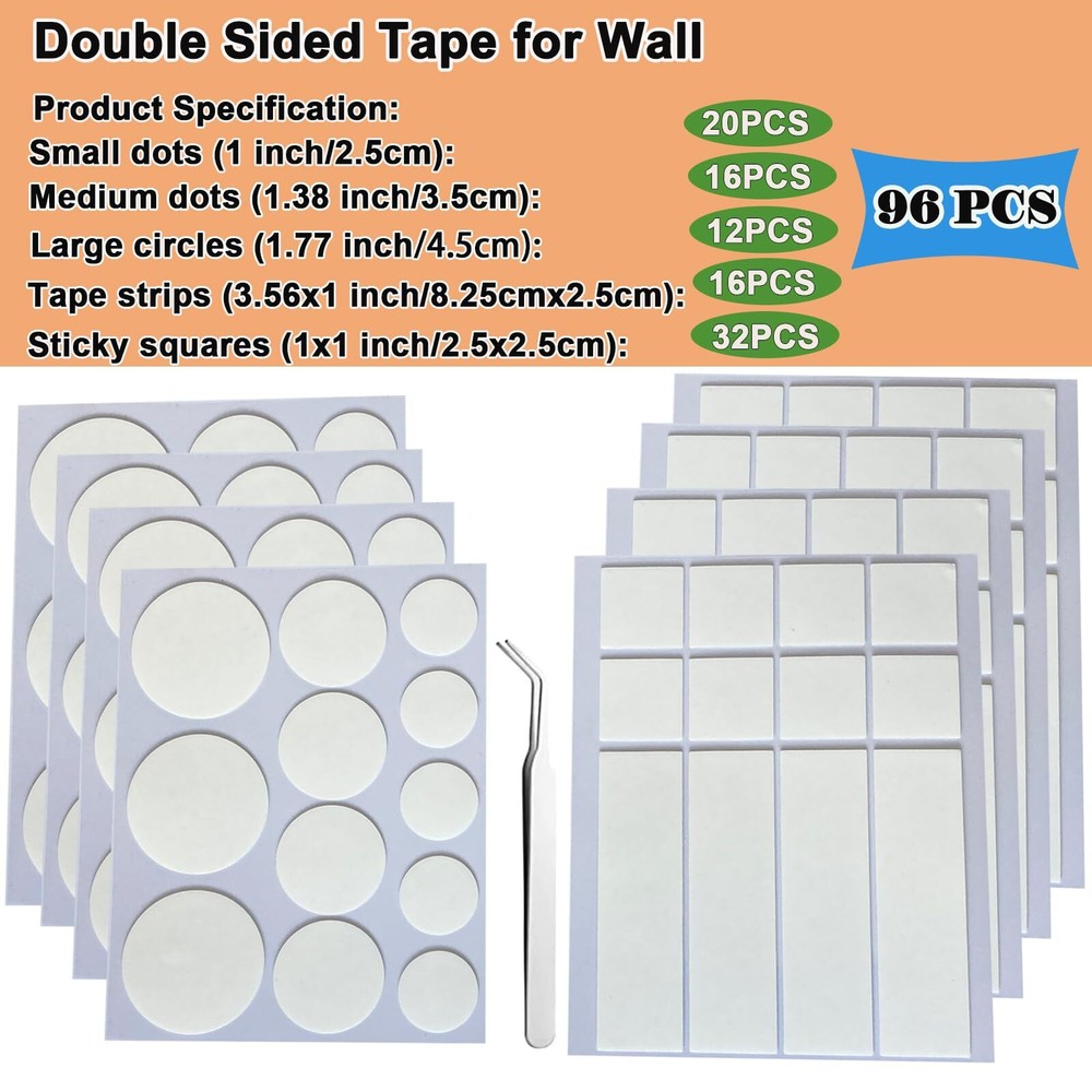 KAIHENG 96PCS Double Sided Tape for Walls, Mounting Tape, Picture Hanging Str...