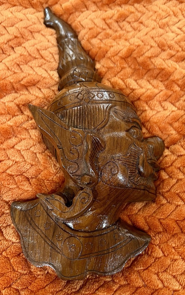 Vintage Thai Hand-Carved Teak Khon Mask Wall Art – Bangkok 1969 – 12”