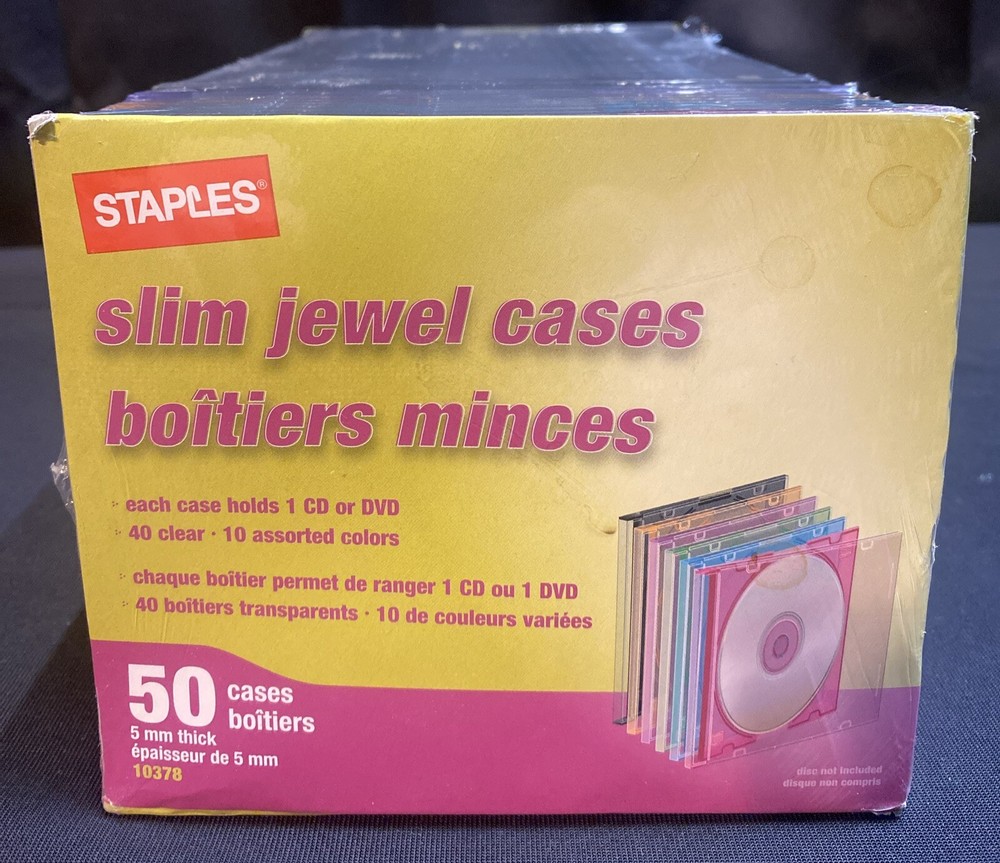 Staples Slim Jewel 50 Pack CD/DVD Cases 40 Clear 10 Assorted Colors 5 MM Thick