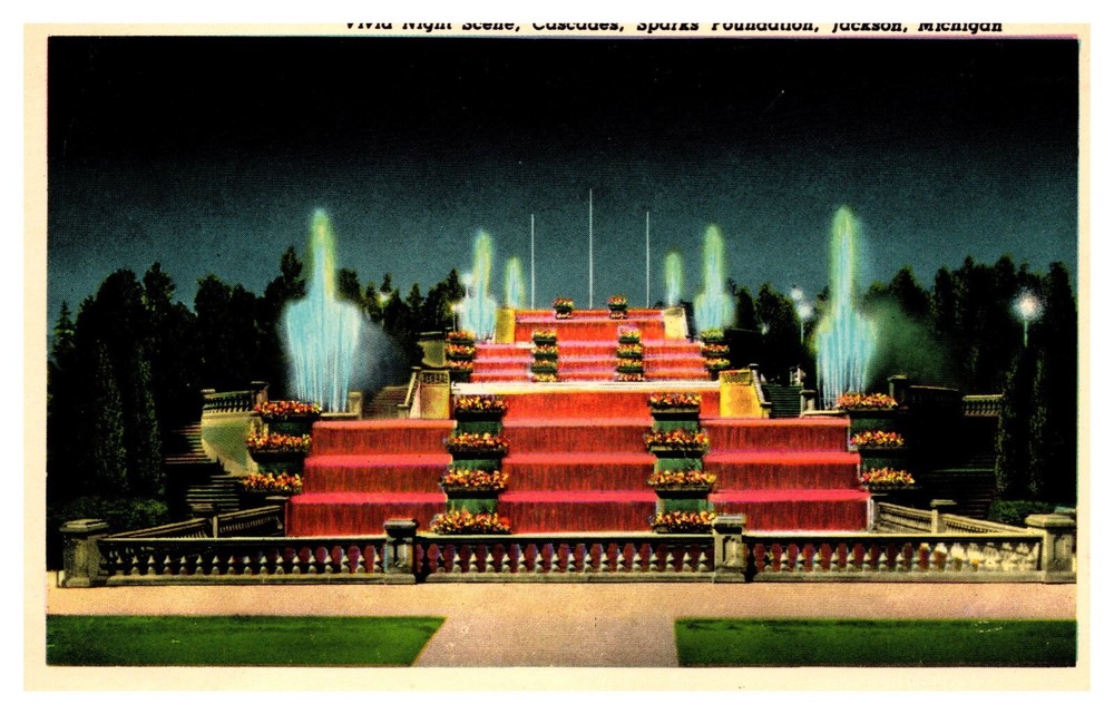 Jackson MI Michigan Night Scene Cascades Sparks Foundation Chrome Postcard