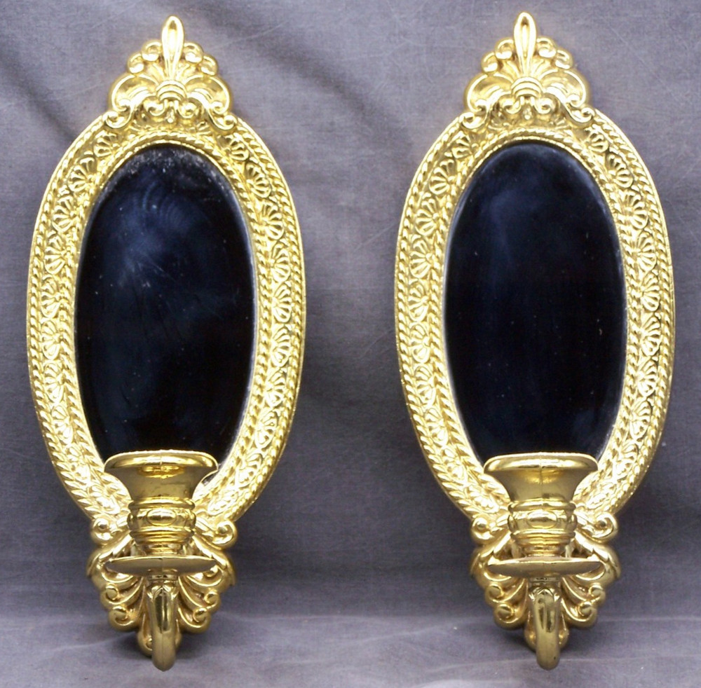 2 Vintage Home Interiors Gold Tone Oval Wall Sconce with Mirror & Candle Holders