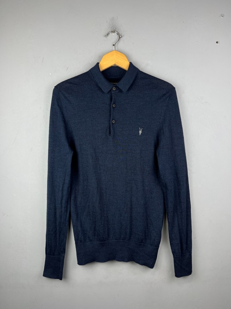 All Saints Merino Wool Men's Long Sleeve Polo Shirt S