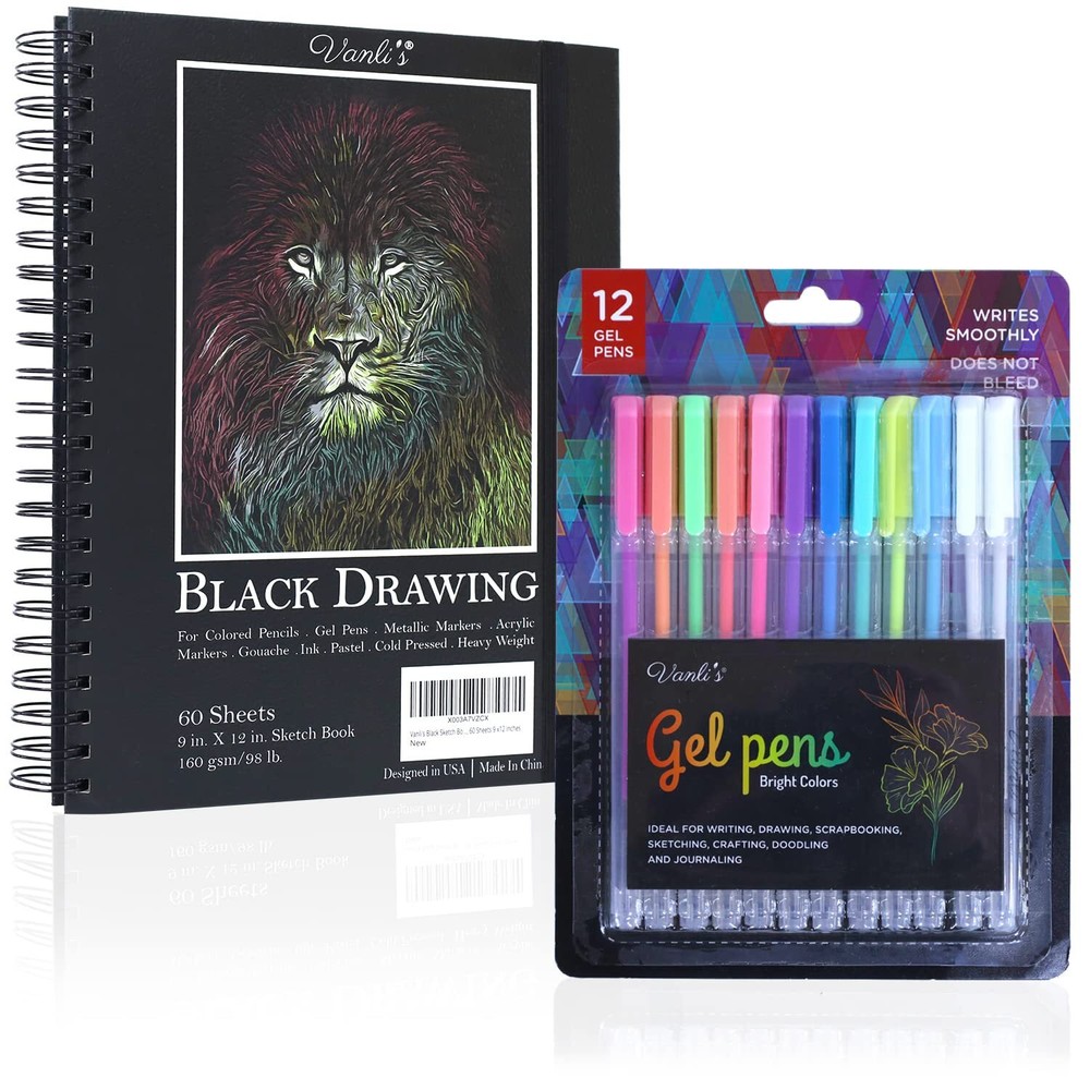 Vanli's Hardcover Black Paper Sketchbook & 12 Pack Ball Point Gel Pens Set - ...