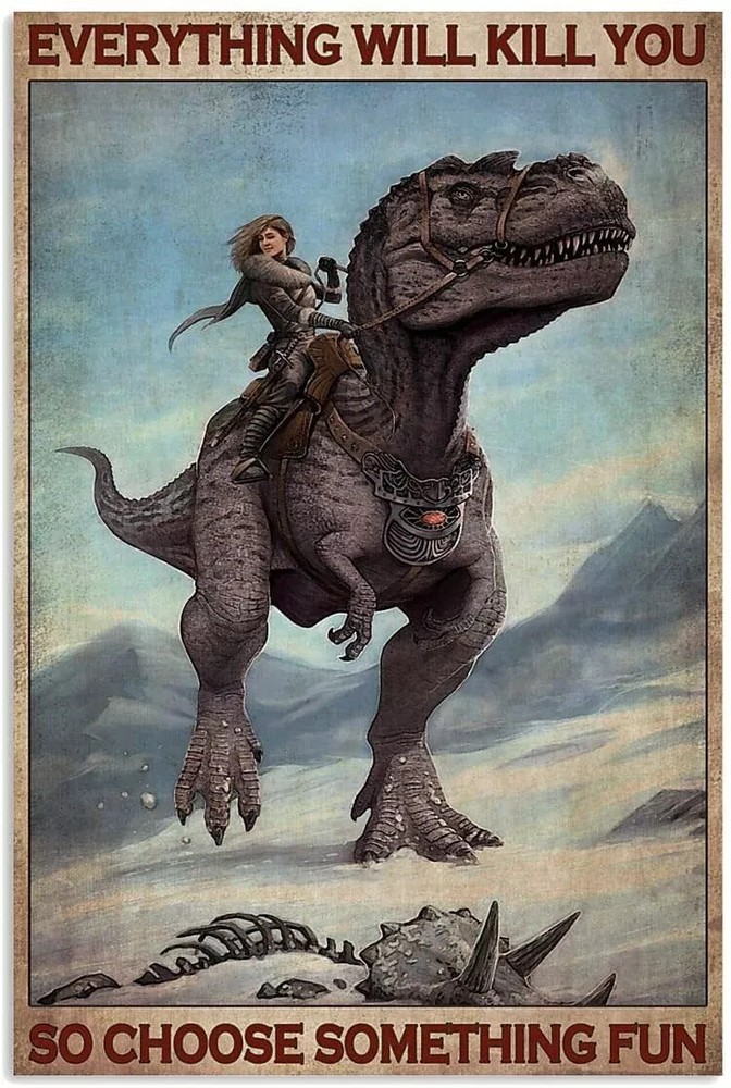 Fun Dinosaur Riding Girl Woman Poster - Choose Adventure