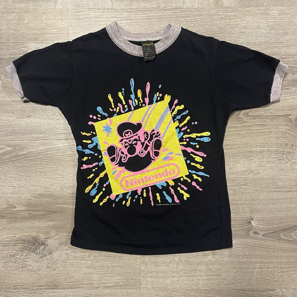 Vintage 1990 Nintendo Mario Black Ringer Crop Tee Youth 10-12 Women’s Rare