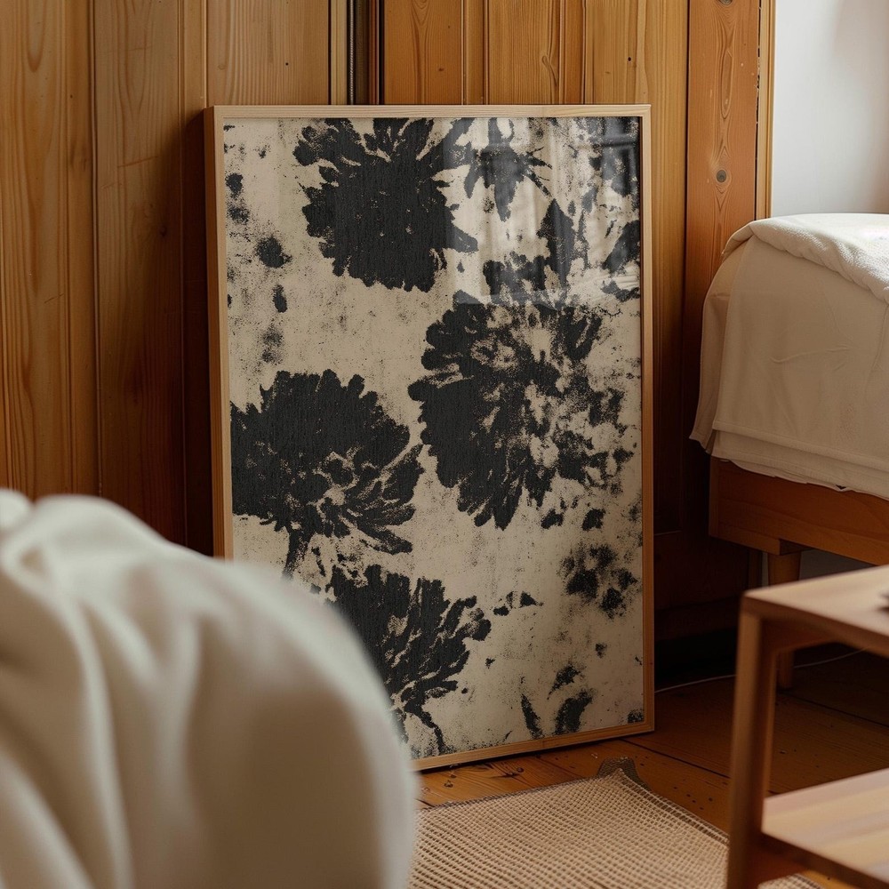Moody Black Floral Wall Art Botanical Silhouette Cream Neutral Decor