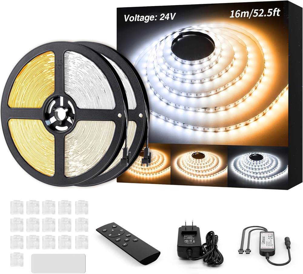 LED Strip Lights White 52.5Ft 24V Dimmable 3000K-6000K LED Tape Rope Light with