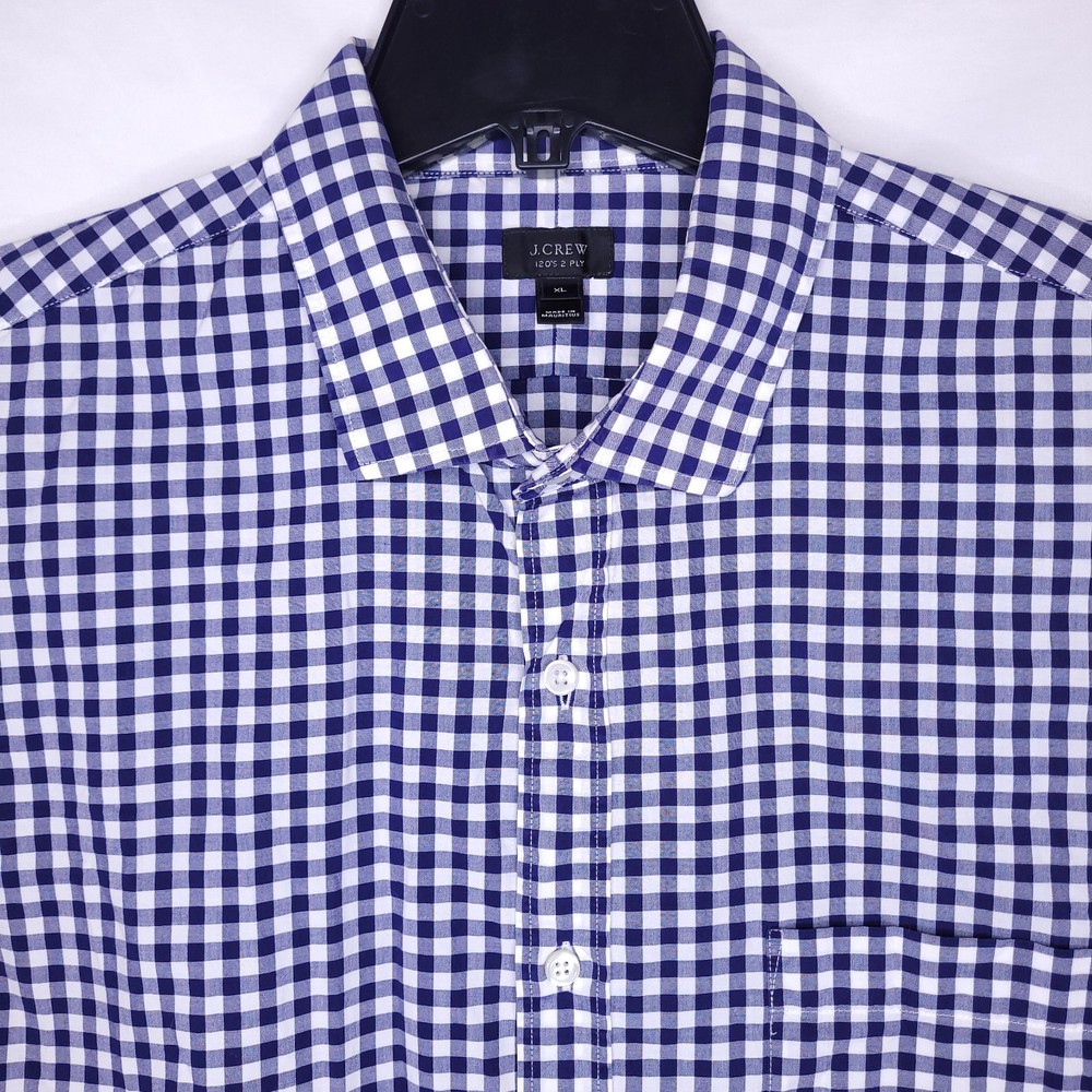 J Crew Shirt Mens XL Gingham Ludlow Navy, White Long Sleeve 120s 2 Ply